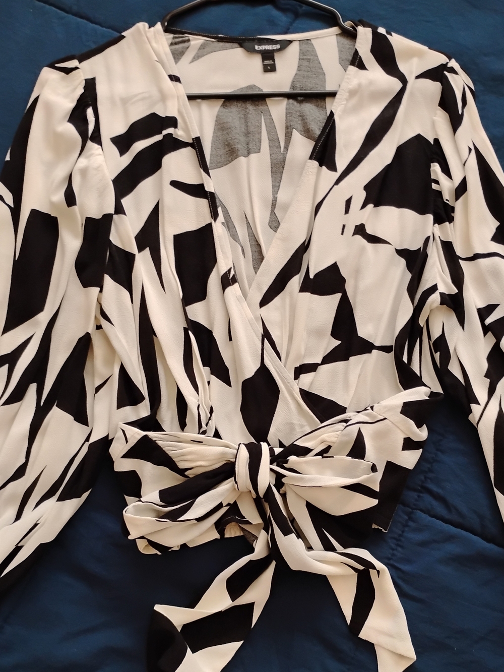 Express Black and White Abstract Wrap Blouse
